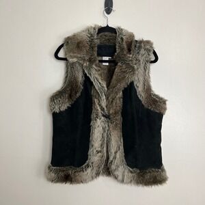 Vintage Y2K Bohemian Genuine Suede Leather Faux Fur Trim Vest Black Brown Large